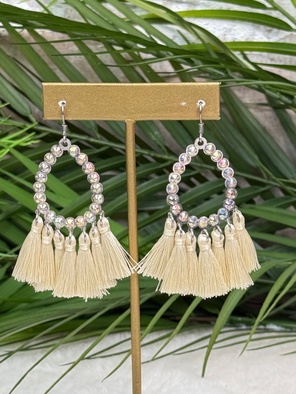 Boho Tassel Rhinestone Teardrop Earrings | Cream Fringe Statement